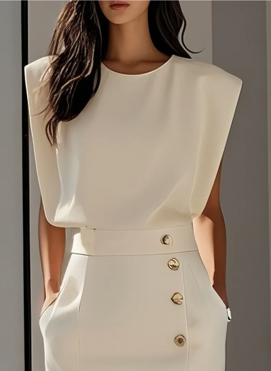 NOMI™ | Robe Écrue Élégante pour Femme – Robe d'Été avec Boutons Dorés et Fente Latérale