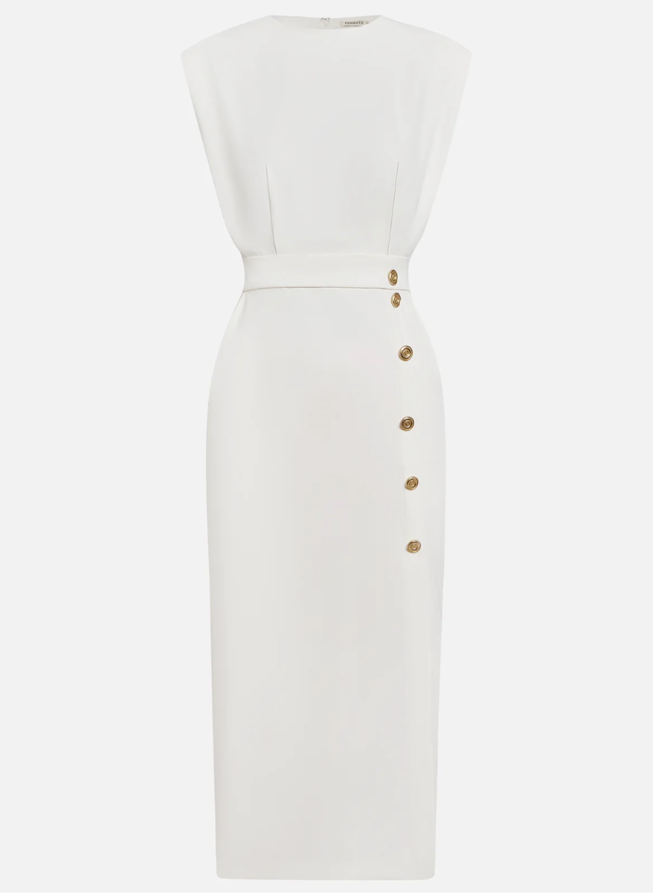NOMI™ | Robe Écrue Élégante pour Femme – Robe d'Été avec Boutons Dorés et Fente Latérale