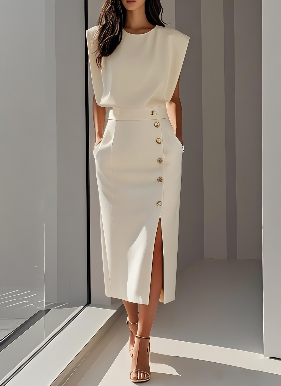 NOMI™ | Robe Écrue Élégante pour Femme – Robe d'Été avec Boutons Dorés et Fente Latérale