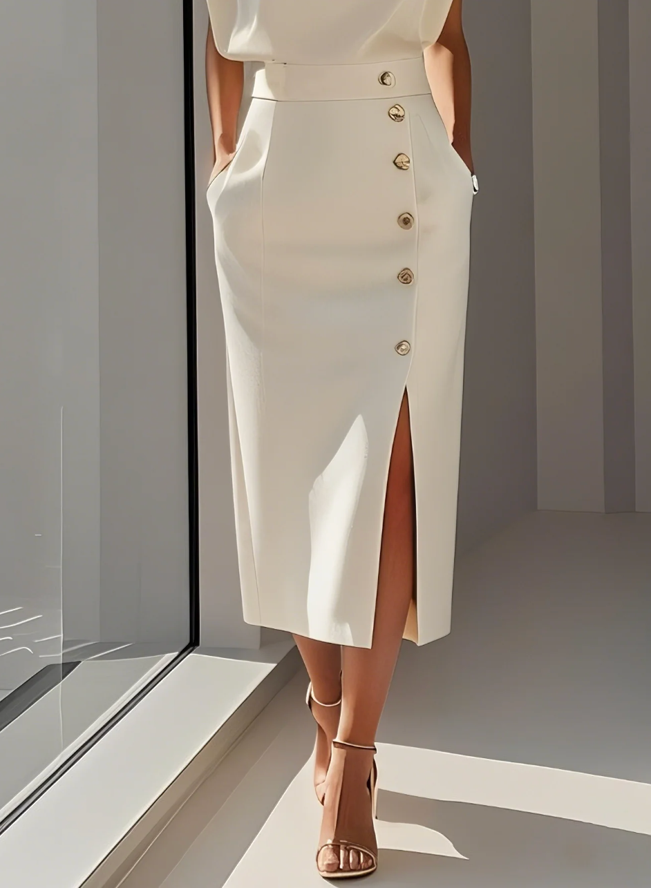 NOMI™ | Robe Écrue Élégante pour Femme – Robe d'Été avec Boutons Dorés et Fente Latérale